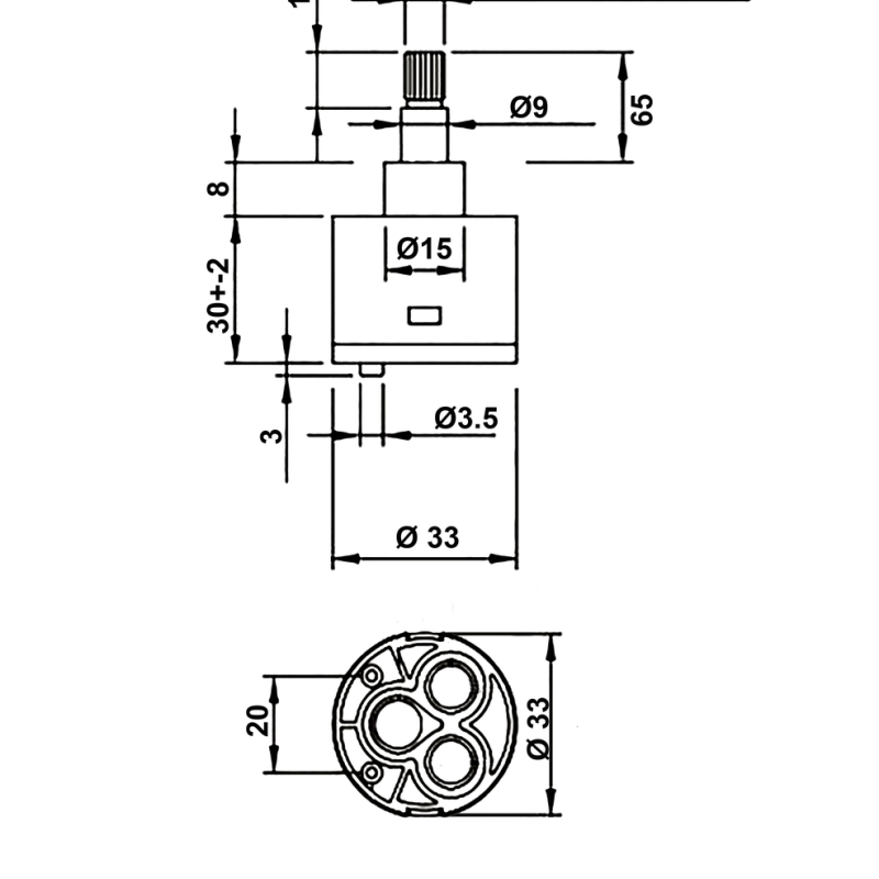 Картридж в змішувач душової кабіни, на три ( 3 ) положення діаметром 33 мм і довжиною штока 65 мм ( К33\3\65 )