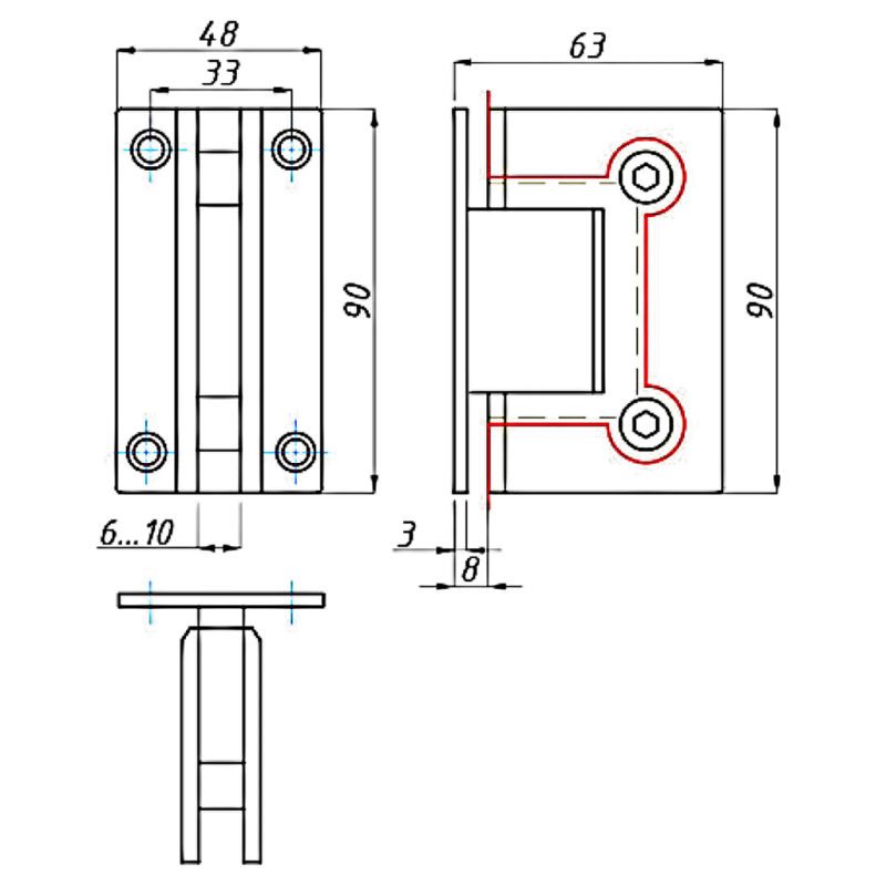 Петля для скляних дверей ( стіна-скло ) 90 градусів ( КП 101 ) Чорна Полірована нержавіюча сталь ( Хром )