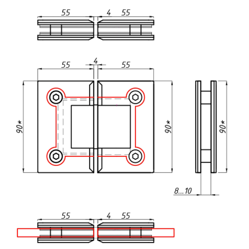 Петля для скляних дверей ( скло-скло ) 180 градусів ( КП 102 ) Чорна Полірована нержавіюча сталь ( Хром )